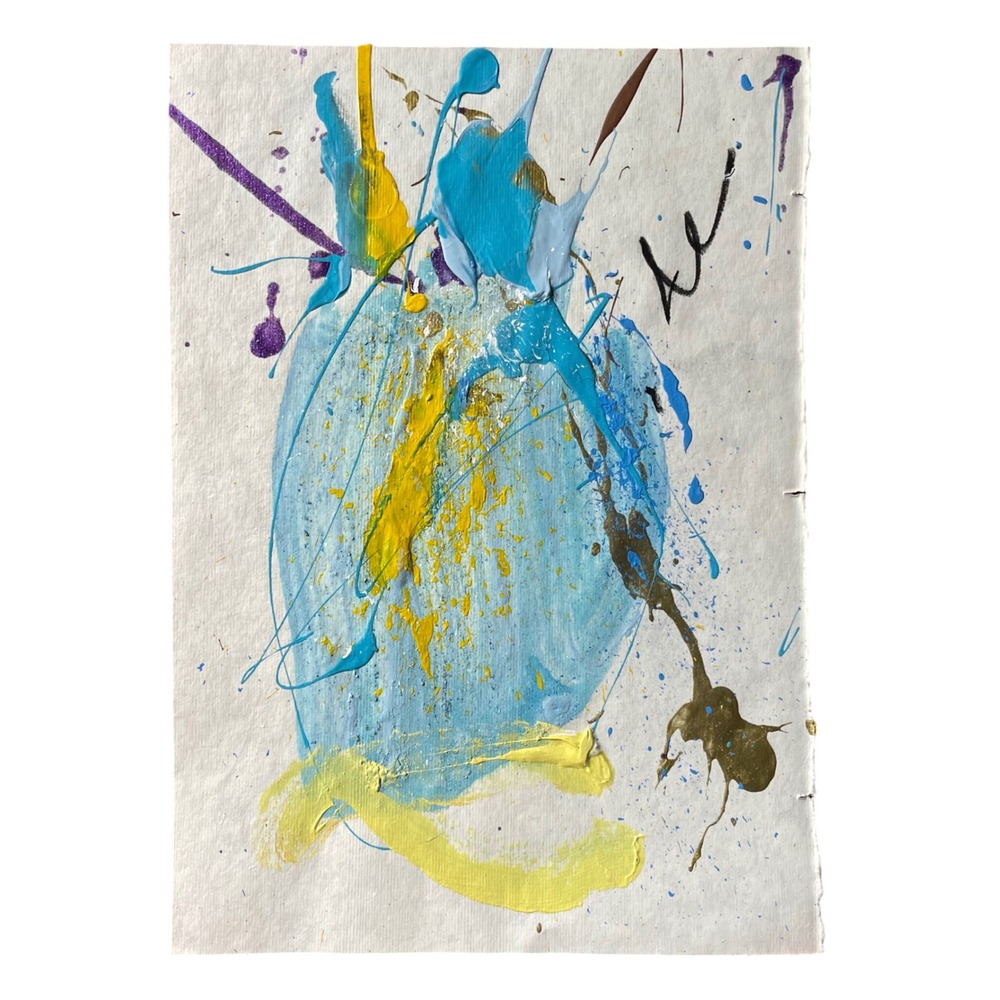 OMAN Original Abstract Splatter Painting Blue Yellow Mixed Media Art 8x11.5